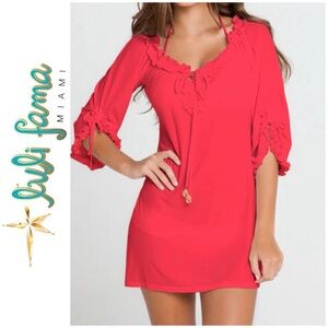 Luli Fama Cosita Buena ruffled neck beach dress, raspberry red, size S